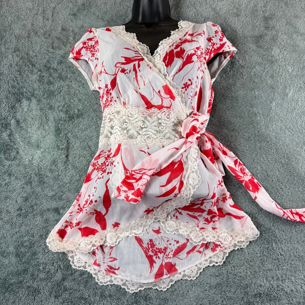 Vintage Y2K 2000s Charlotte Russe Red Floral Lace Trim Wrap Top Small